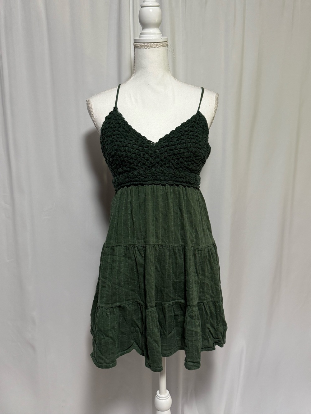 Aerie Green Crochet Tiered Mini Dress Size L Summer Beach